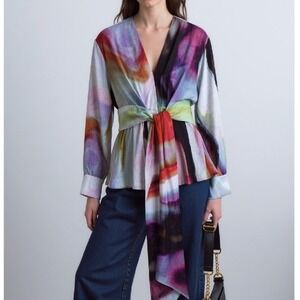 SILVIA TCHERASSI Saanvi Iridescent Marble Tie Blouse 100% Linen Size XS $620